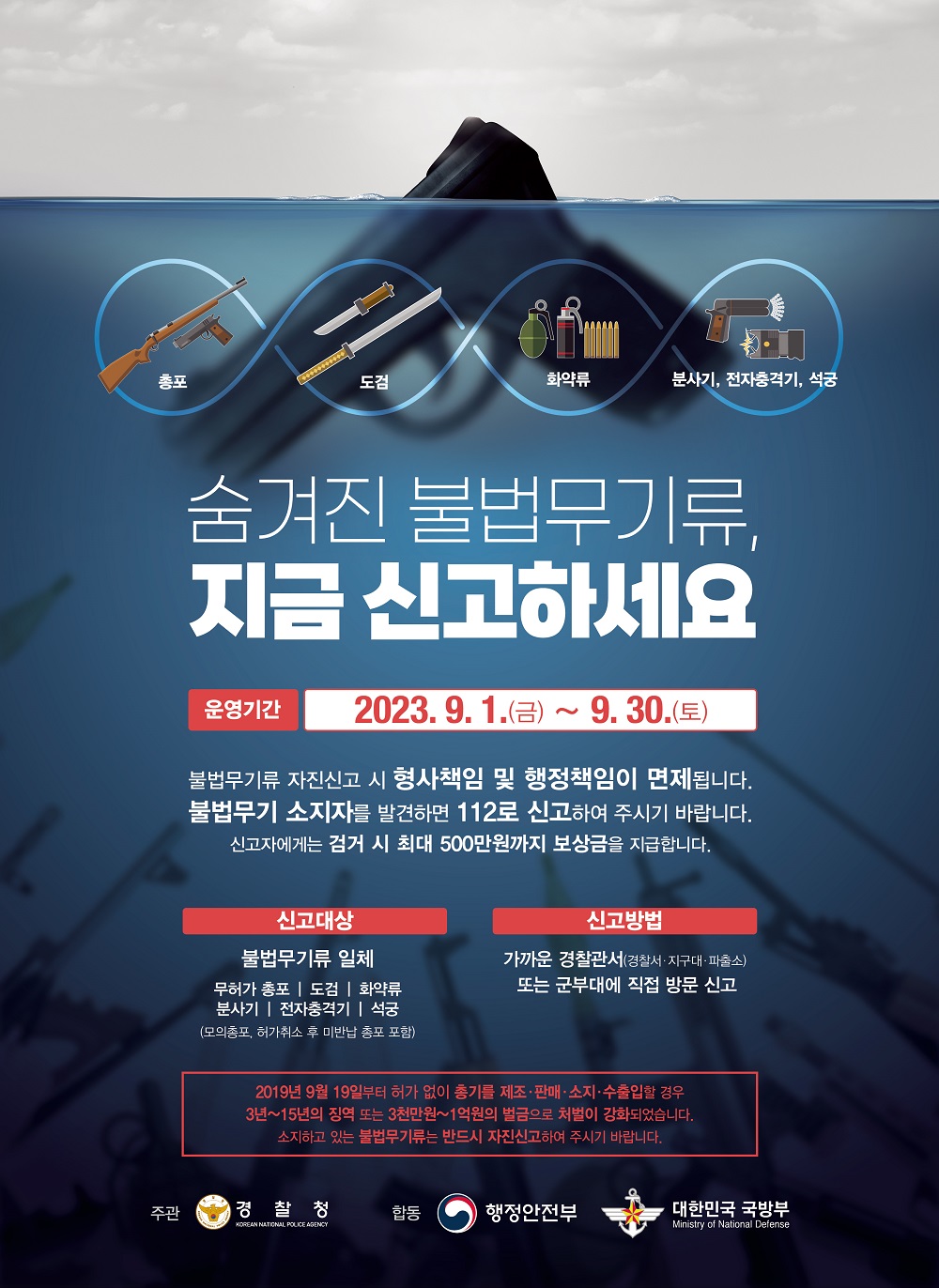 숨겨진 불법무기류, 지금 신고하세요. |  운영기간 2023. 9. 1.(금) ~ 9. 30.(토) / 불법무기류 자진신고 시 형사책임 및 행정책임이 면제됩니다. 불법무기 소지자를 발견하면 112로 신고하여 주시기 바랍니다. 신고자에게는 검거 시 최대 500만원까지 보상금을 지급합니다.  | 신고대상 : 불법무기류 일체(무허가 총포 | 도검 | 화약류 | 분사기 | 전자충격기 | 석궁(모의총포, 허가취소 후 미반납 총포 포함) |  신고방법 : 가까운 경찰관서(경찰서ㆍ지구대ㆍ파출소) 또는 군부대에 직접 방문 신고 / 2019년 9월 19일부터 허가 없이 총기를 제조ㆍ판매ㆍ소지ㆍ수출입할 경우 3년~15년의 징역 또는 3천만원~1억원의 벌금으로 처벌이 강화되었습니다. 소지하고 있는 불법무기류는 반드시 자진신고하여 주시기 바랍니다.  | 주관 : 경찰청 로고, 합동 : 행정안전부 로고, 대한민국 국방부 로고