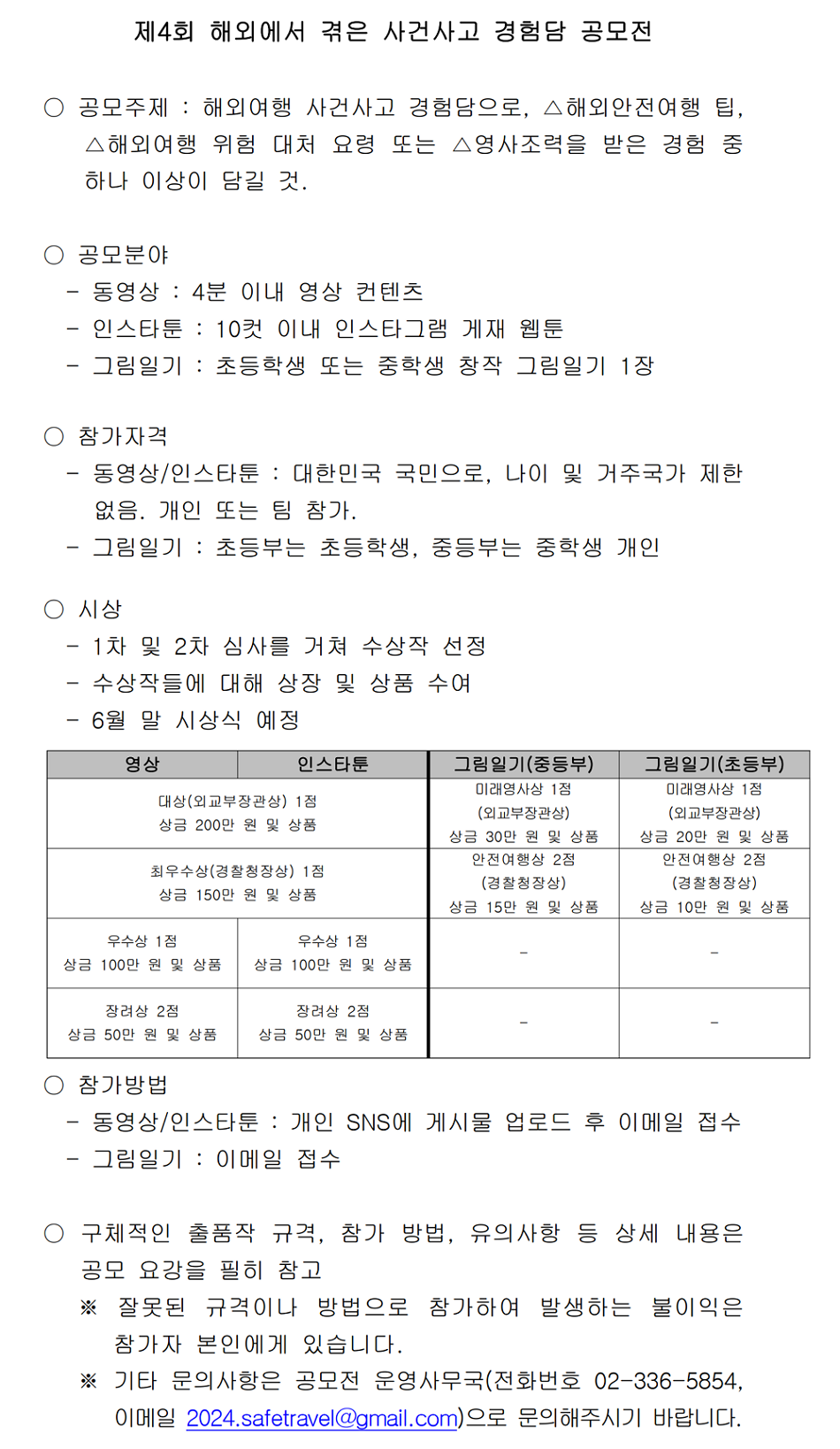 제4회 해외에서 겪은 사건사고 경험담 공모전  ○ 공모주제 : 해외여행 사건사고 경험담으로, △해외안전여행 팁, △해외여행 위험 대처 요령 또는 △영사조력을 받은 경험 중 하나 이상이 담길 것.  ○ 공모분야   - 동영상 : 4분 이내 영상 컨텐츠   - 인스타툰 : 10컷 이내 인스타그램 게재 웹툰   - 그림일기 : 초등학생 또는 중학생 창작 그림일기 1장  ○ 참가자격   - 동영상/인스타툰 : 대한민국 국민으로, 나이 및 거주국가 제한 없음. 개인 또는 팀 참가.   - 그림일기 : 초등부는 초등학생, 중등부는 중학생 개인  ○ 시상   - 1차 및 2차 심사를 거쳐 수상작 선정   - 수상작들에 대해 상장 및 상품 수여   - 6월 말 시상식 예정  영상 인스타툰 대상(외교부장관상) 1점 상금 200만 원 및 상품 최우수상(경찰청장상) 1점 상금 150만 원 및 상품  영상 우수상 1점 상금 100만 원 및 상품 장려상 2점 상금 50만 원 및 상품  인스타툰 우수상 1점 상금 100만 원 및 상품 장려상 2점 상금 50만 원 및 상품   그림일기(중등부) 미래영사상 1점 (외교부장관상)  상금 30만 원 및 상품 안전여행상 2점 (경찰청장상) 상금 15만 원 및 상품  그림일기(초등부) 미래영사상 1점 (외교부장관상) 상금 20만 원 및 상품 안전여행상 2점 (경찰청장상) 상금 10만 원 및 상품  ○ 참가방법   - 동영상/인스타툰 : 개인 SNS에 게시물 업로드 후 이메일 접수   - 그림일기 : 이메일 접수  ○ 구체적인 출품작 규격, 참가 방법, 유의사항 등 상세 내용은 공모 요강을 필히 참고    ※ 잘못된 규격이나 방법으로 참가하여 발생하는 불이익은 참가자 본인에게 있습니다.    ※ 기타 문의사항은 공모전 운영사무국(전화번호 02-336-5854, 이메일 2024.safetravel@gmail.com)으로 문의해주시기 바랍니다.